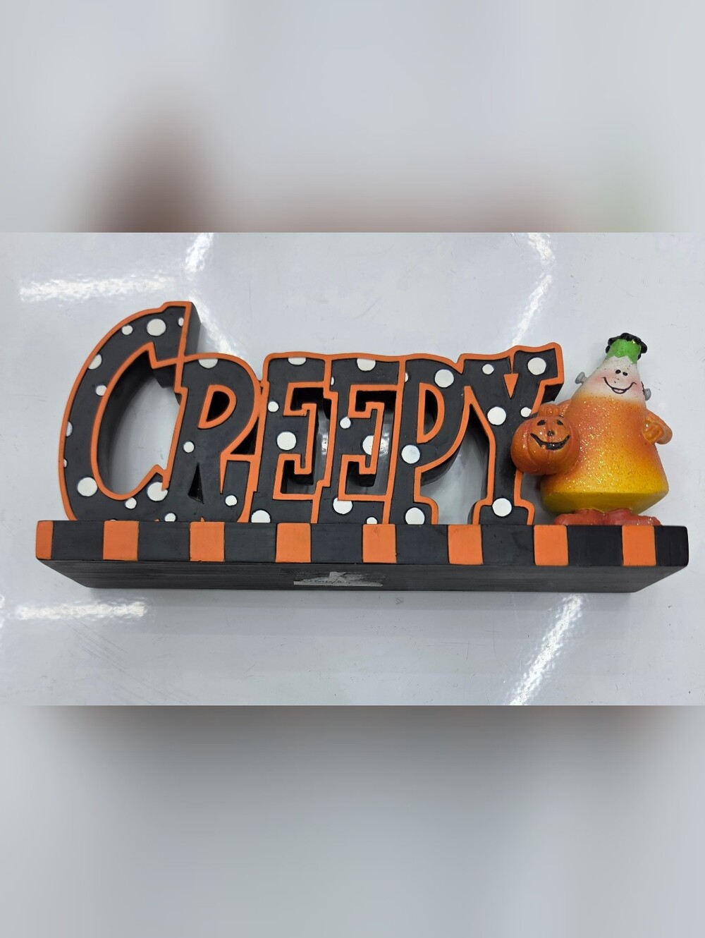 Halloween "Creepy" Tabletop Sign - Candy Corn Frankenstein Figure - DME Decor